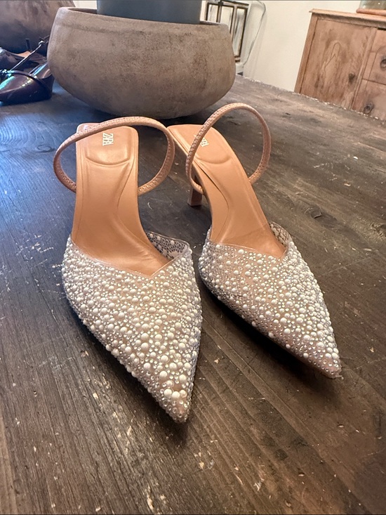 Zara Shoes - Zara Pearl-Embellished Pointed Slingback Heels - Beige
